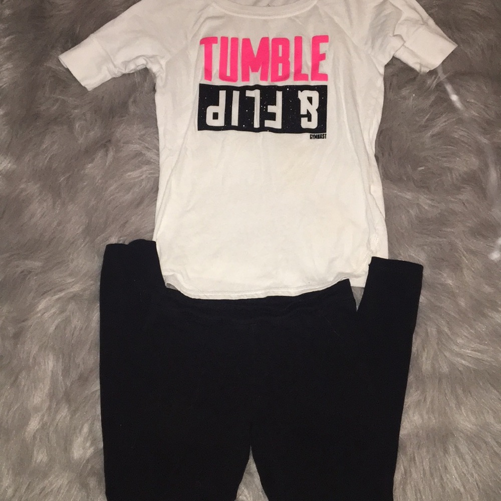 justice shirt with black leggings